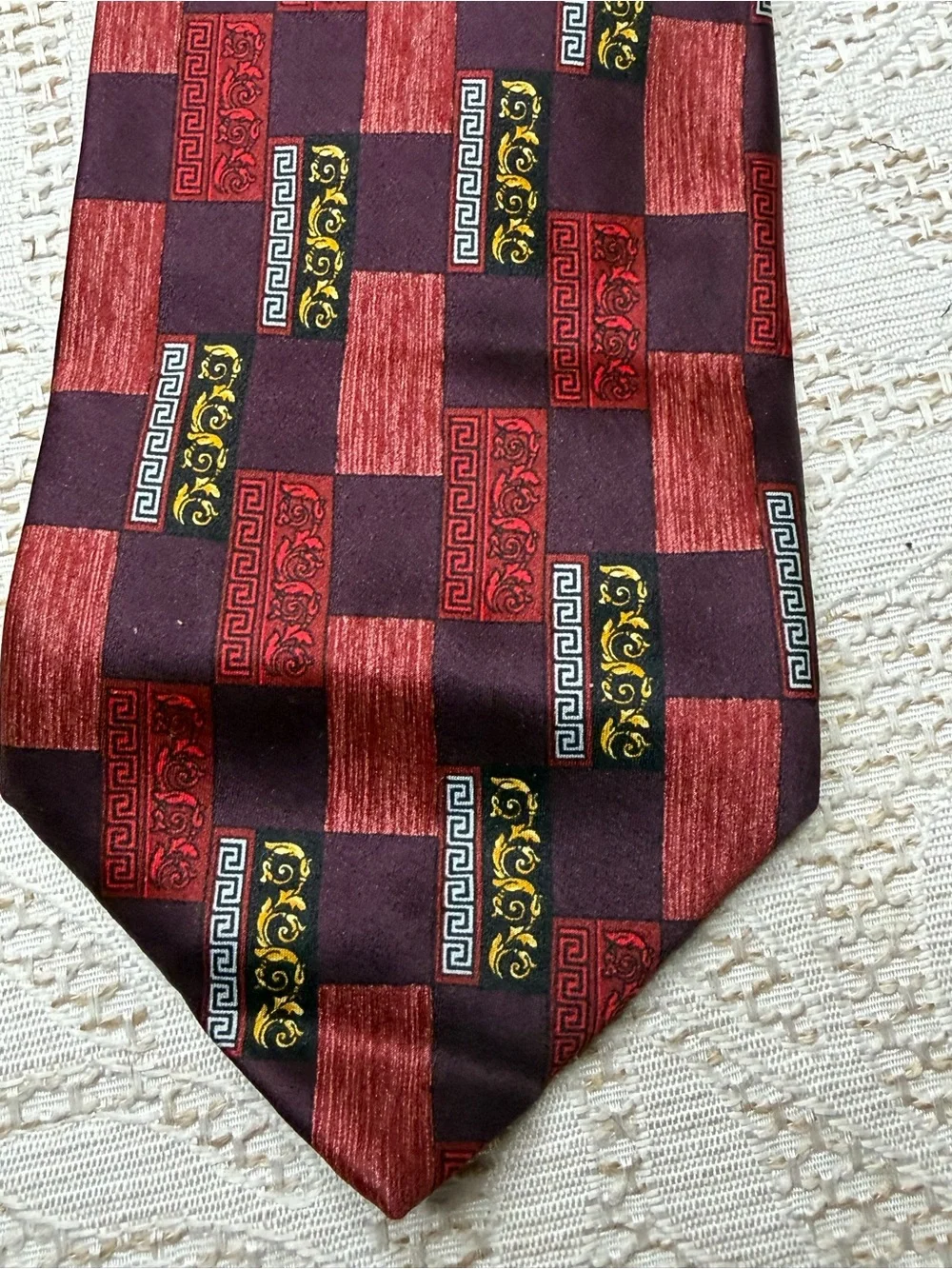 Versace Men's Burgundy and Black Checkerboard Silk Tie with Gold Accents vintage